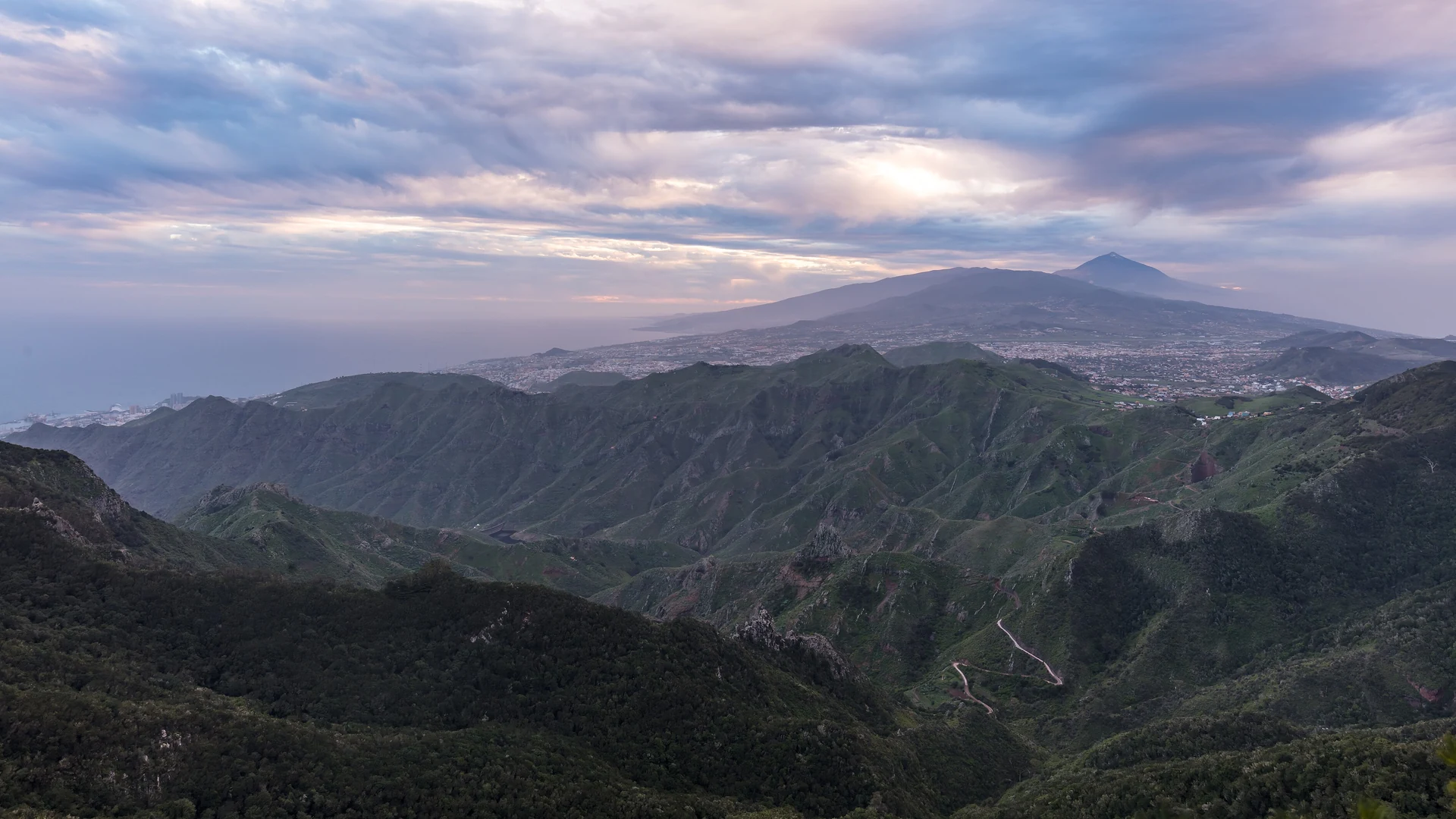Ridges and laurel forest of the Anaga massif falling towards the Atlantic in north-east Tenerife