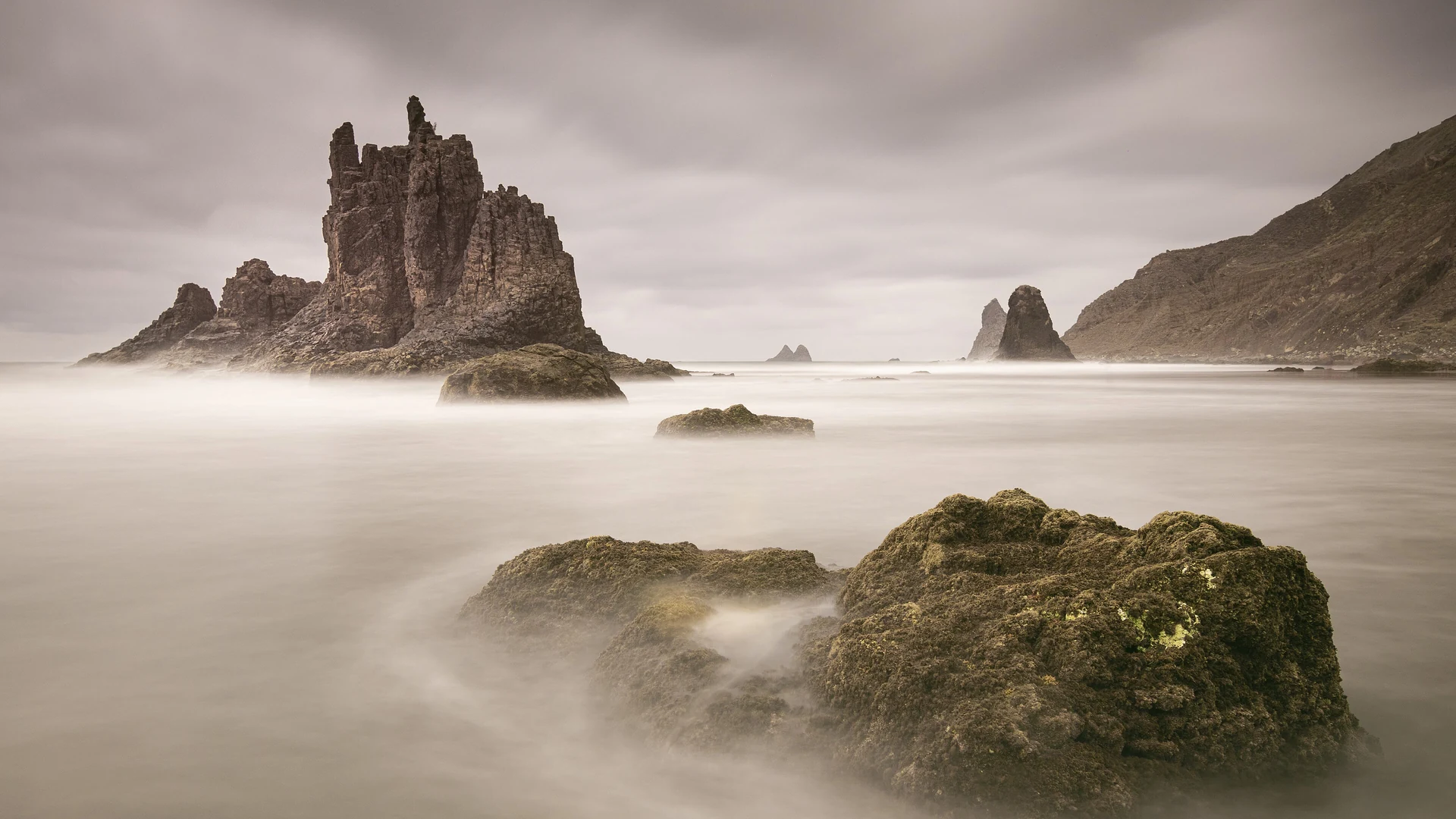 Black volcanic sand and offshore rock stacks at Playa de Benijo on the north coast of Tenerife