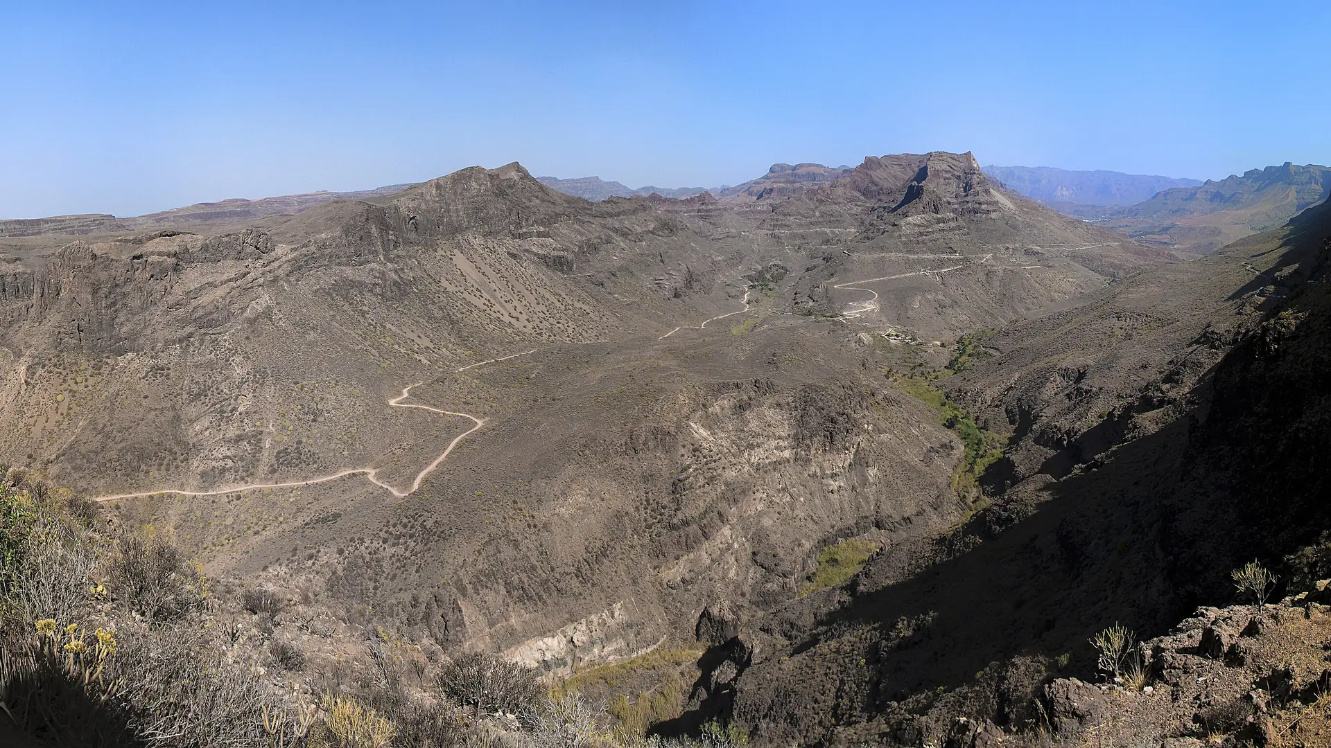 An unsealed track winding through the arid ravine landscape of the Barranco de Fataga, southern Gran Canaria