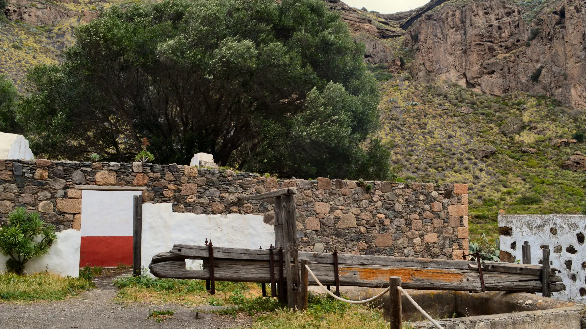 An old wooden wine press beside a stone wall in the Caldera de Bandama wine area of Gran Canaria