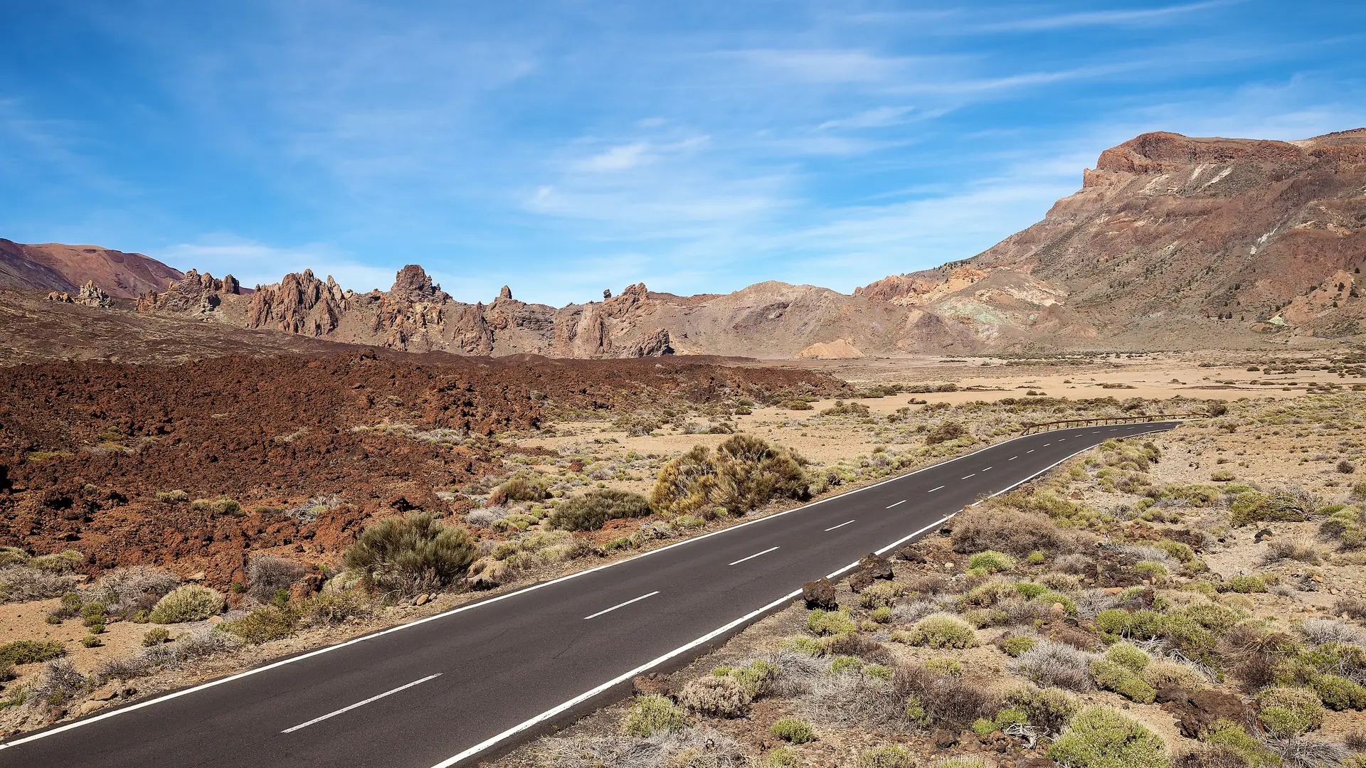The Roques de García and the TF-21 road crossing the Las Cañadas caldera in Teide National Park