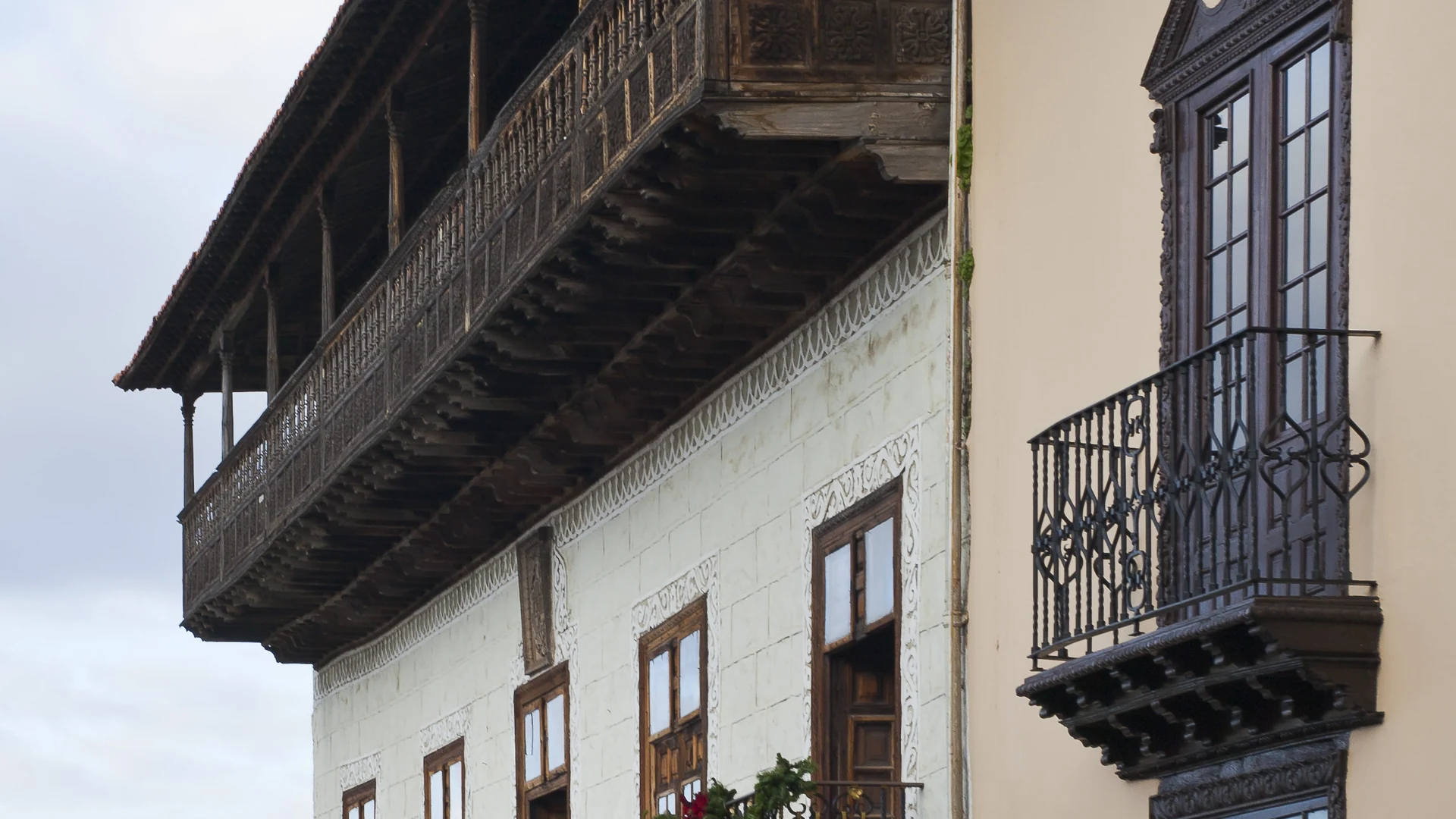 Carved wooden Canarian balconies on the facade of the Casa de los Balcones in La Orotava, Tenerife