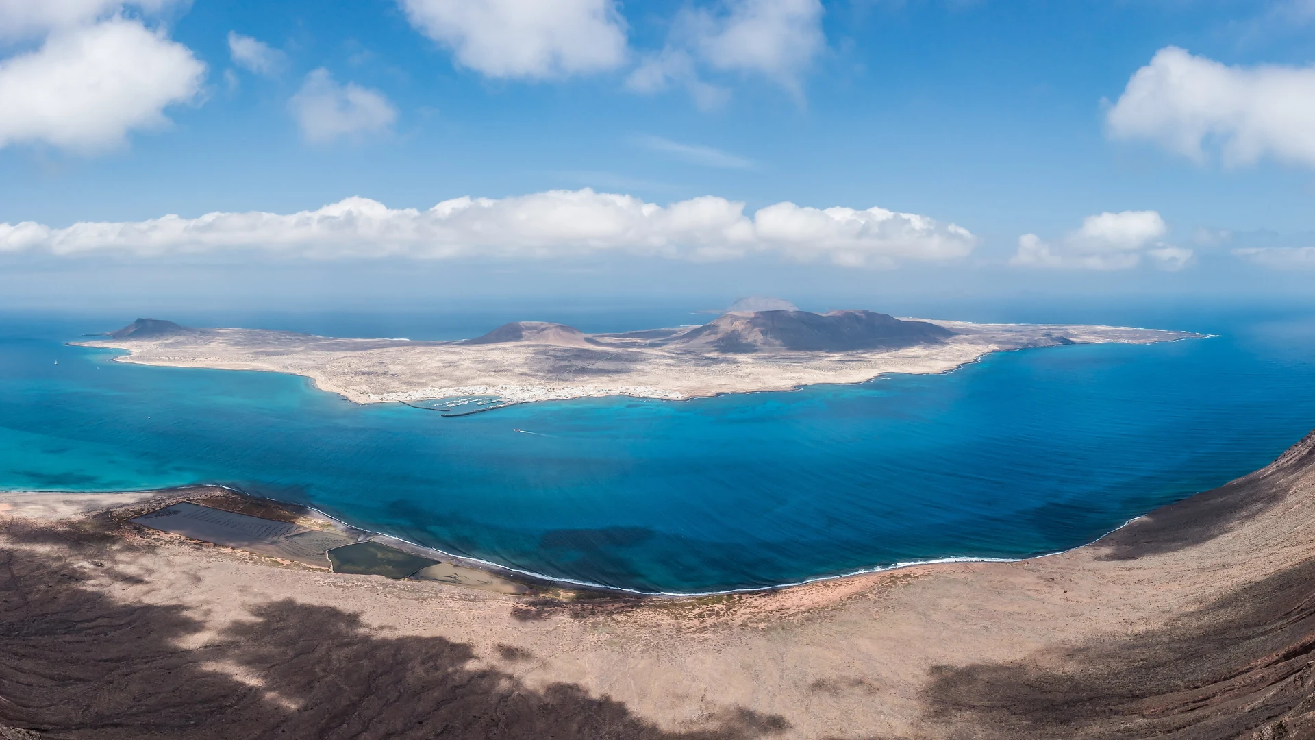 La Graciosa seen across the El Río strait from the Mirador del Río viewpoint in northern Lanzarote