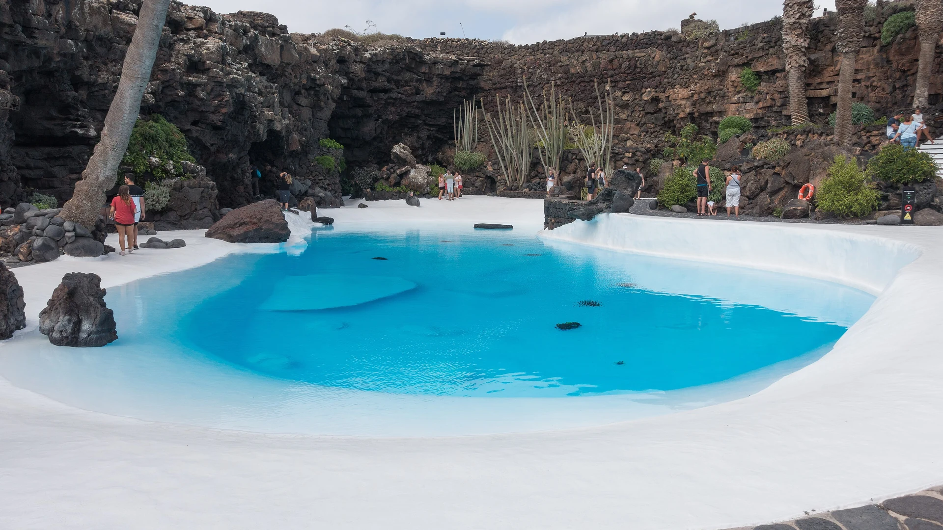 The white pool and palm trees of the Jameo Grande at Jameos del Agua, the first visitor centre César Manrique created on Lanzarote