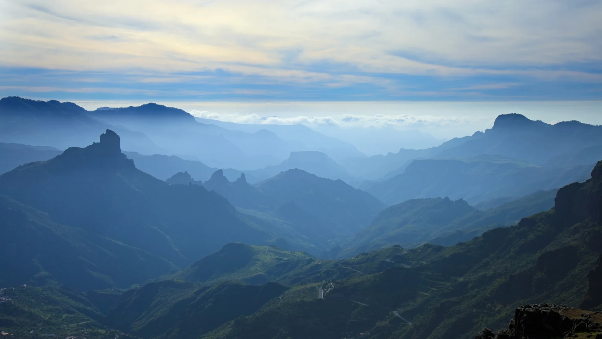 Evening haze over the Caldera de Tejeda in the mountainous centre of Gran Canaria, with Roque Bentayga rising from the ridges